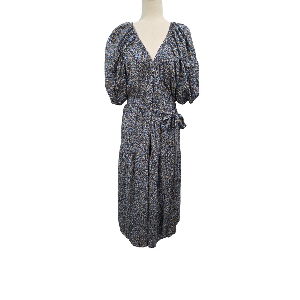 Old Navy Blue Floral Cotton Maxi Wrap Dress 2X Smocked Puff Sleeve Cottagecore